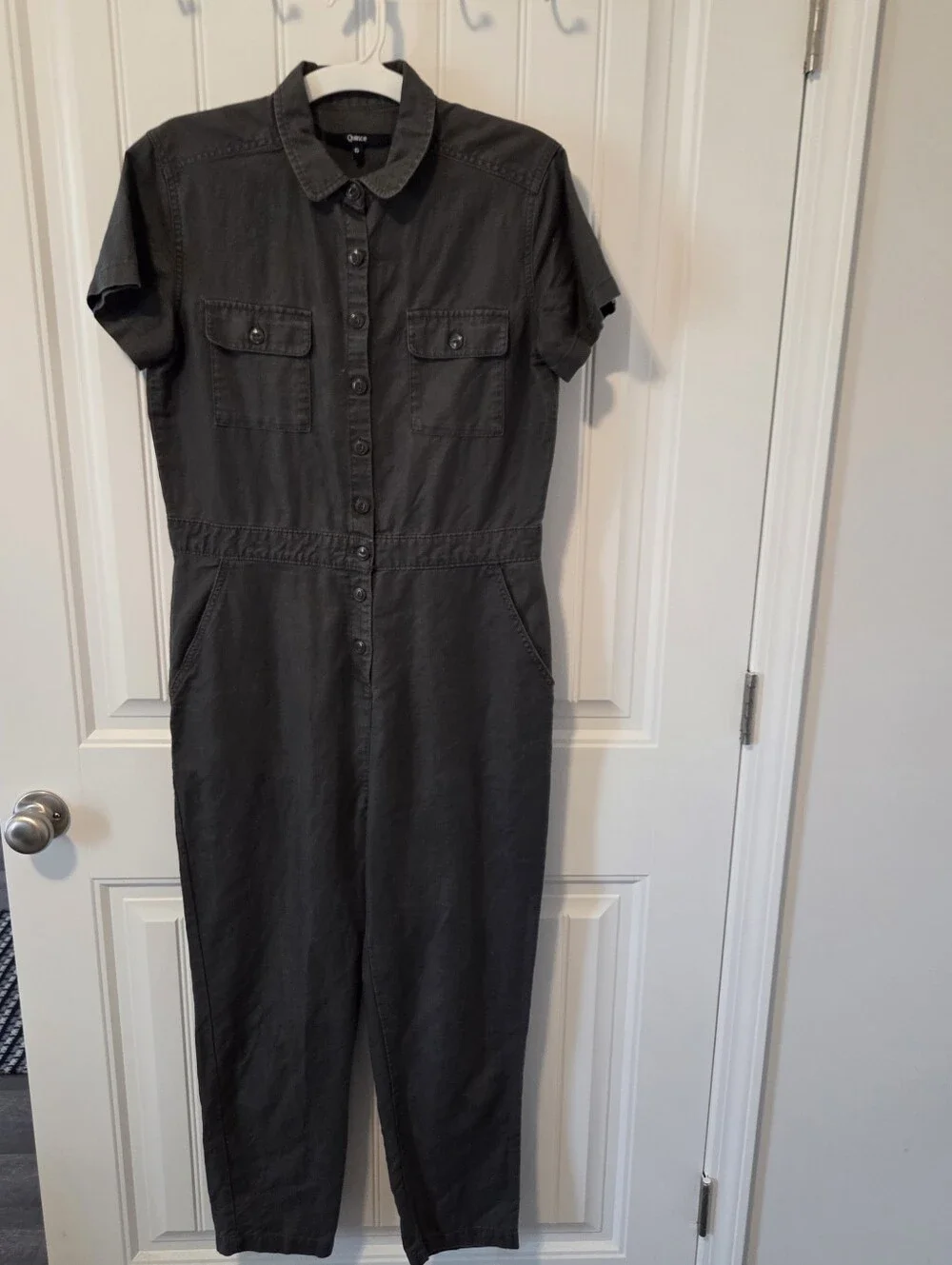 Quince Cotton Linen Twill Short Sleeve Coverall Jumpsuit in Charcoal Size S